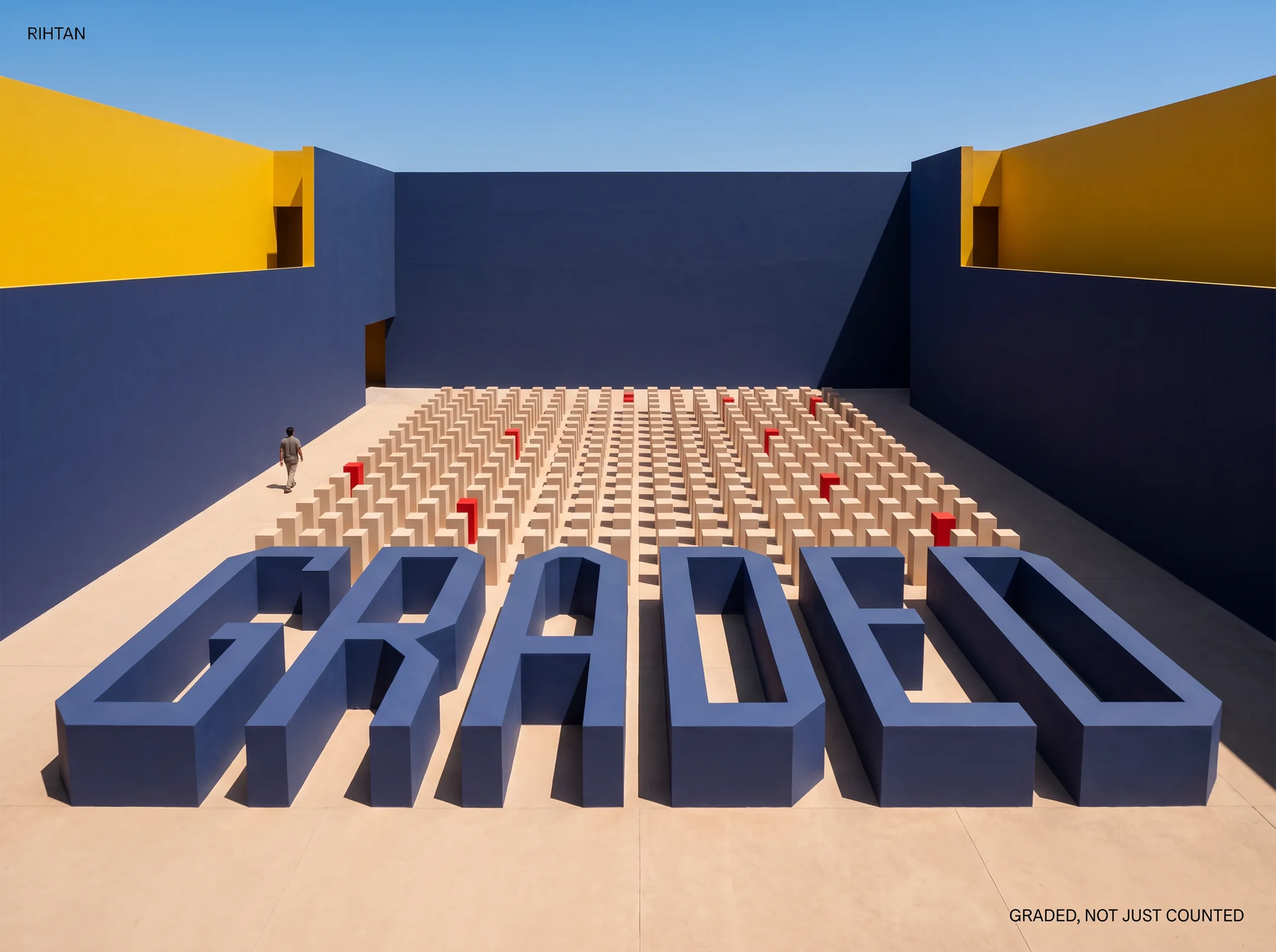 The word GRADED built from navy blocks in a courtyard, in front of a grid of columns